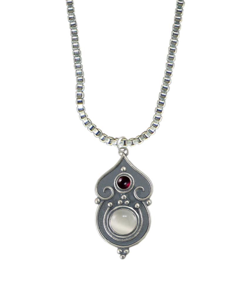 Sterling Silver Necklace White Moonstone And Garnet